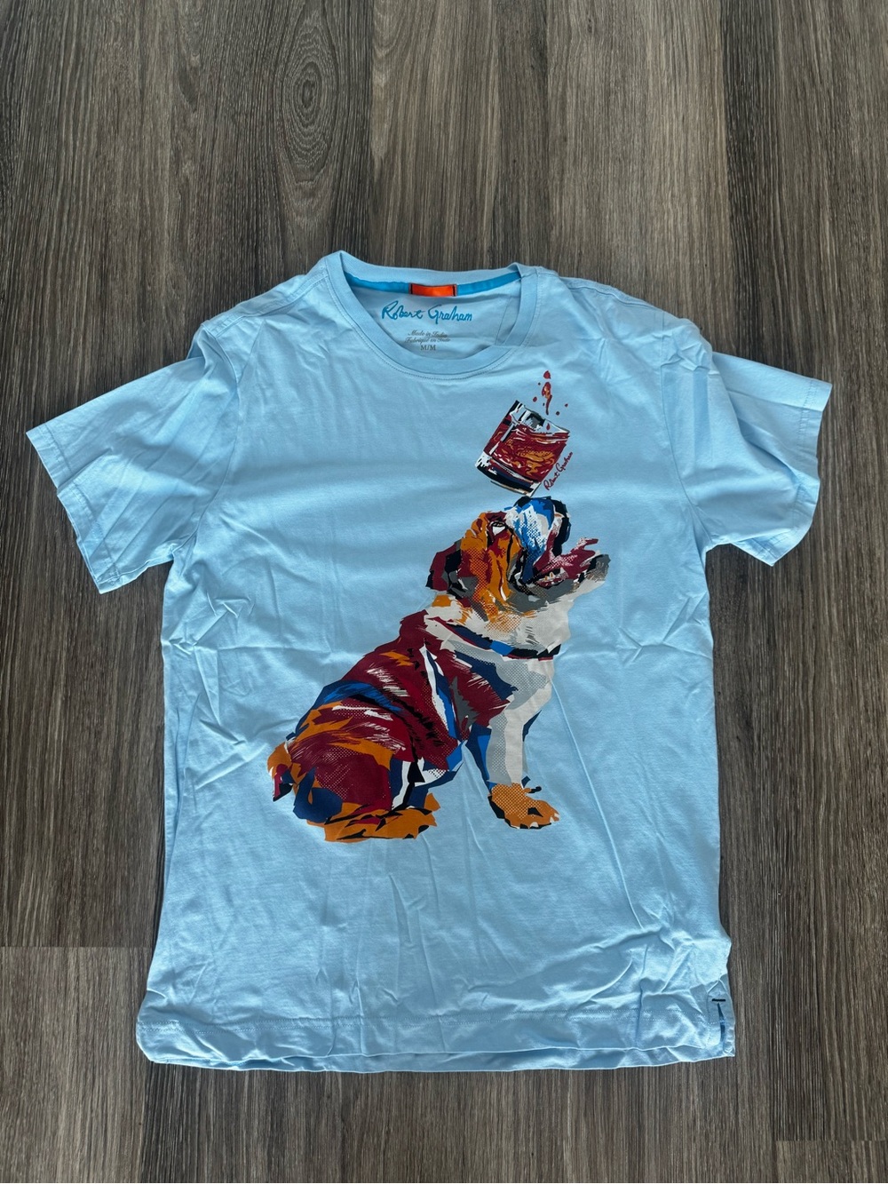 Robert Graham Light Blue Bulldog Graphic Pet Tee with Multicolor Print